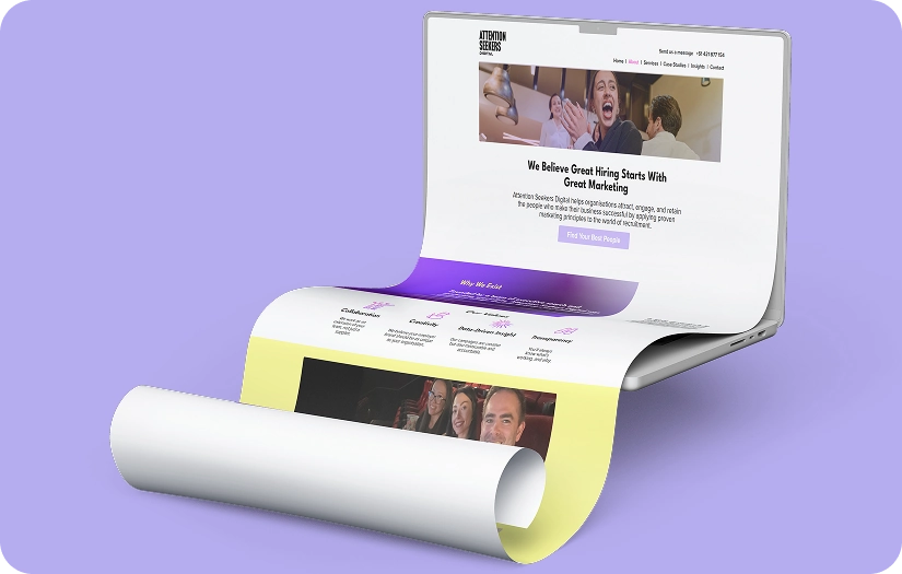 Attention Seekers Digital Laptop mockup About us page