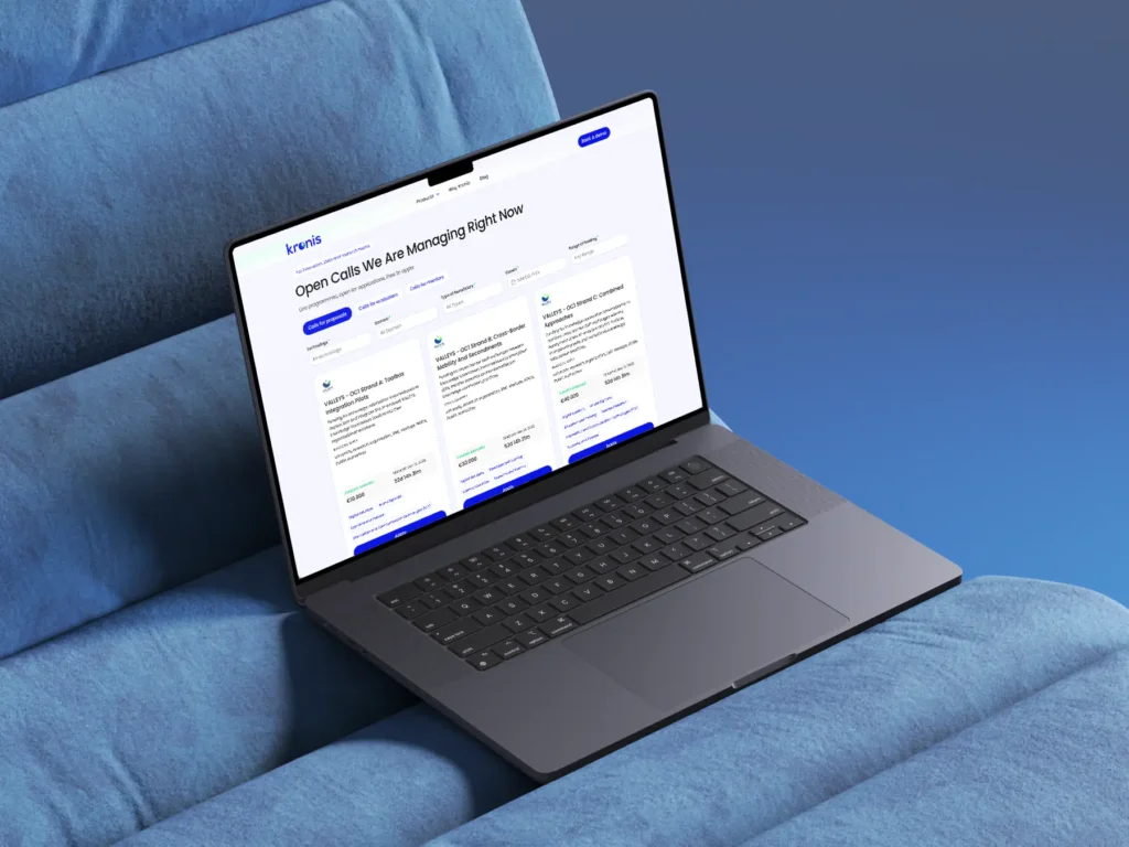 Kronis Apply open calls listing with live funding opportunities, deadlines and filters, shown on a laptop